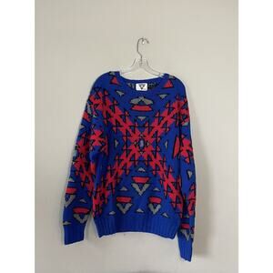 Vintage Tyrolia By Head Chunky XL Handknit Wool Blend Sweater Red‎ Blue Grandpa